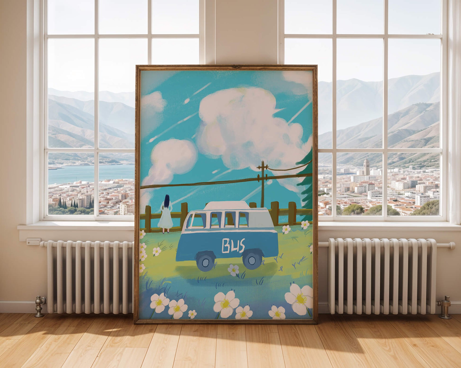Ilustración escénica con autobús azul y prado en flor