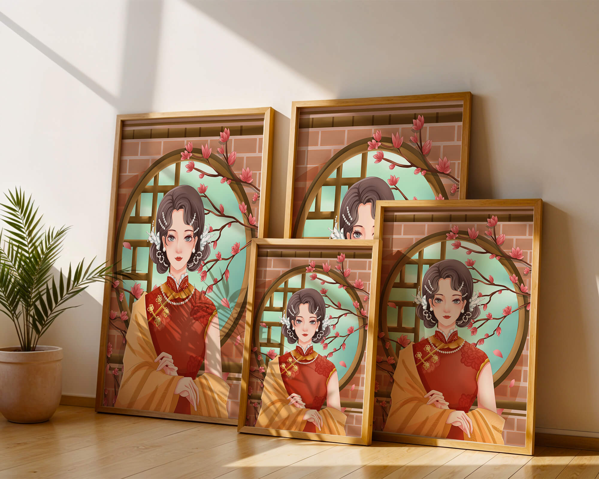 Elegant woman in traditional dress with floral background