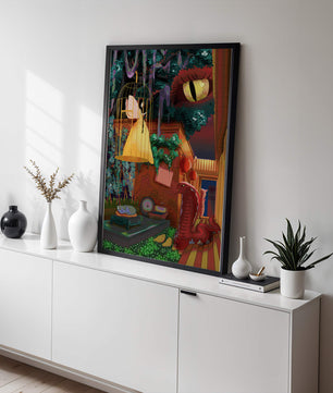 Jardín encantado con hada, serpiente y elementos misteriosos