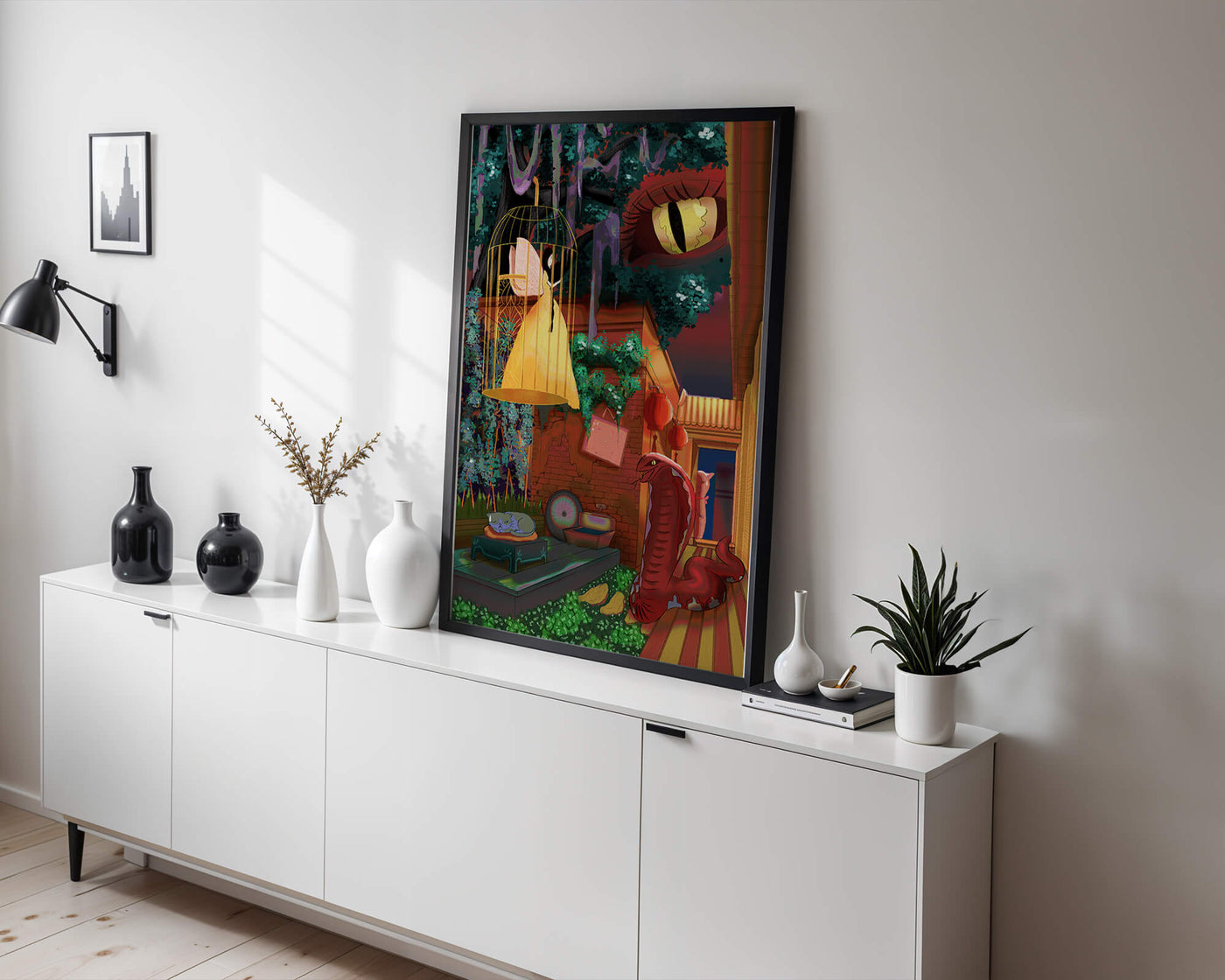Enchanted garden with fairy, snake, and mysterious elements