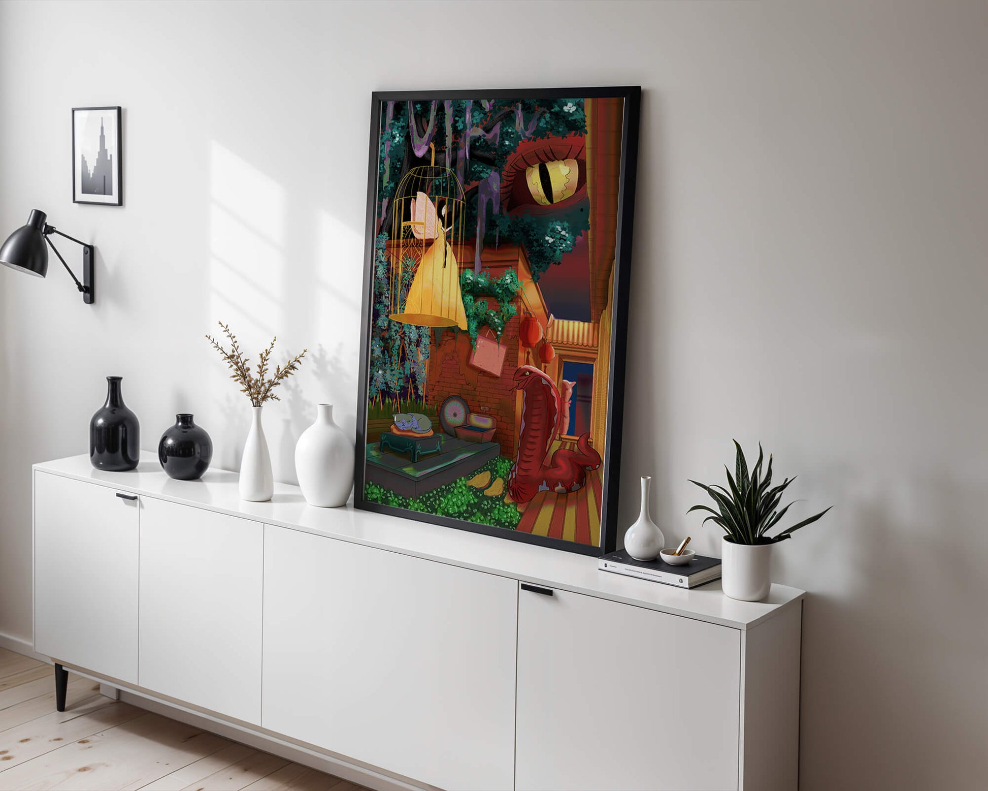Enchanted garden with fairy, snake, and mysterious elements