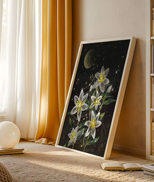 Luminous Night Flowers Under a Starry Sky with Golden Moon - Mi tienda