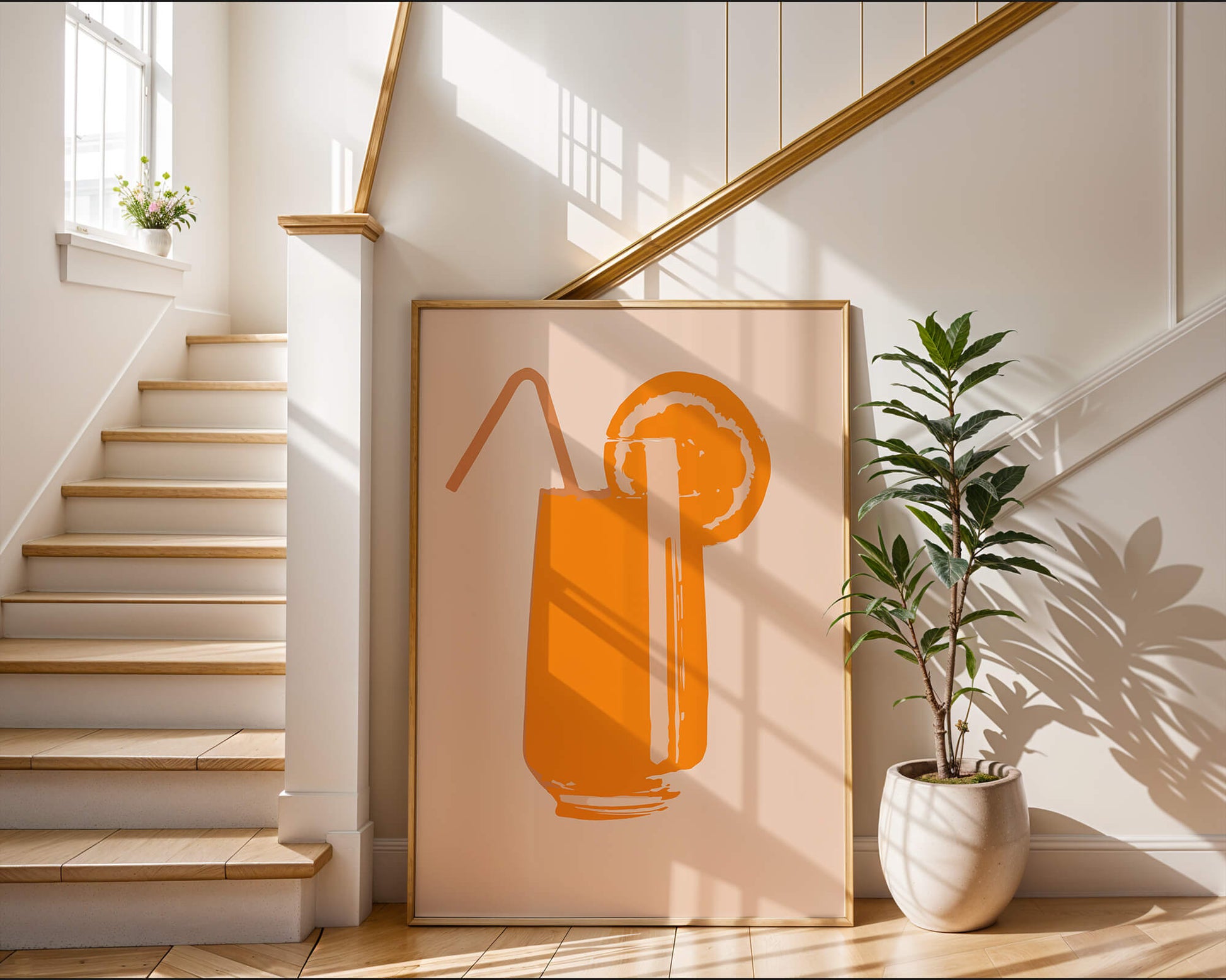 Ilustración de jugo de naranja con pajilla y rodaja de naranja
