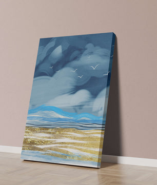 Dynamic Ocean Waves Under Cloudy Sky With Seagulls And Gold-Tinted Sand