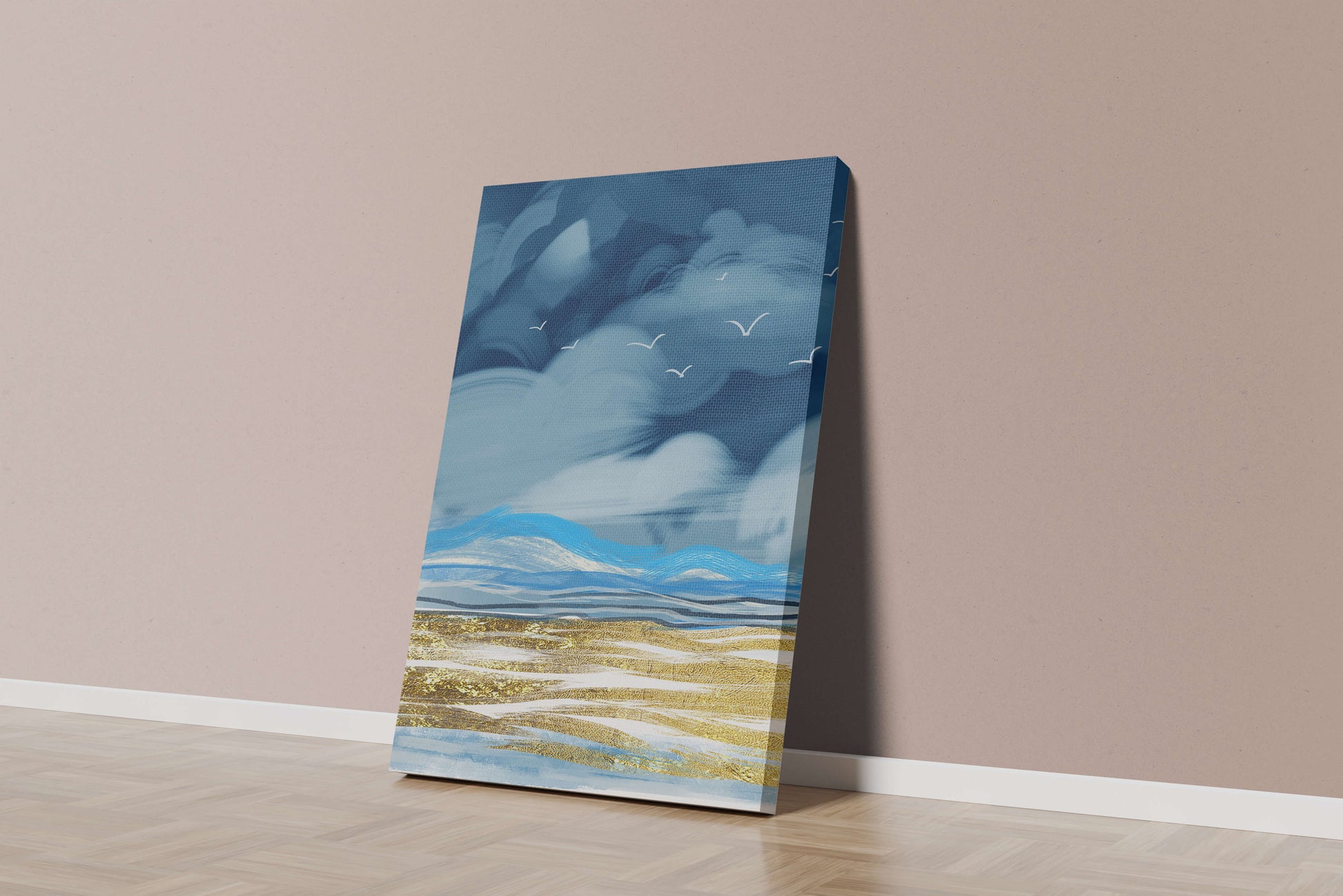 Dynamic Ocean Waves Under Cloudy Sky With Seagulls And Gold-Tinted Sand