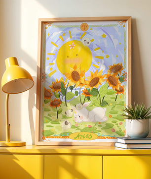 Ilustración encantadora de Aries con animales juguetones y girasoles