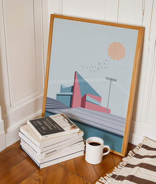 Ilustración arquitectónica moderna con diseño geométrico y atardecer