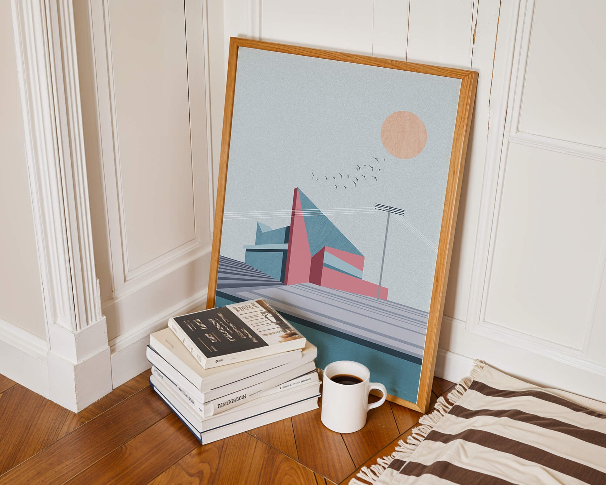 Ilustración arquitectónica moderna con diseño geométrico y atardecer