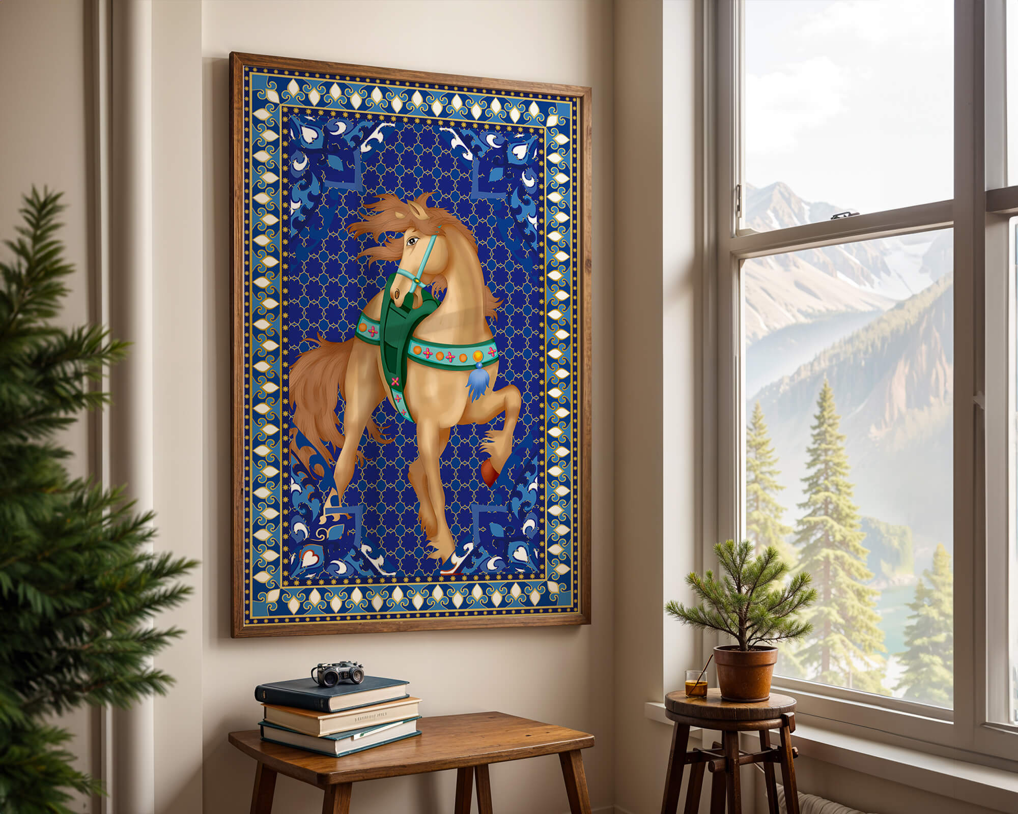 Intricate patterned horse art with a vibrant decorative border