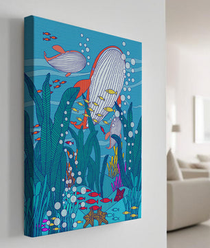 Underwater world illustration with whales and fish amidst seaweed