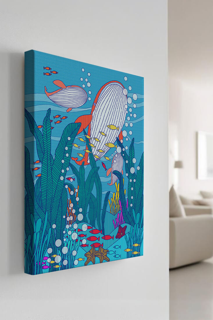 Underwater world illustration with whales and fish amidst seaweed