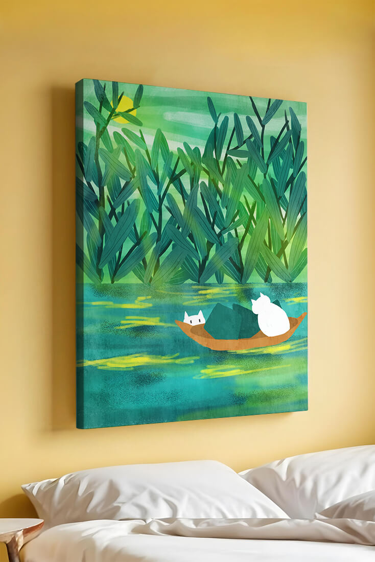 Serene landscape with cats on a boat in lush greenery