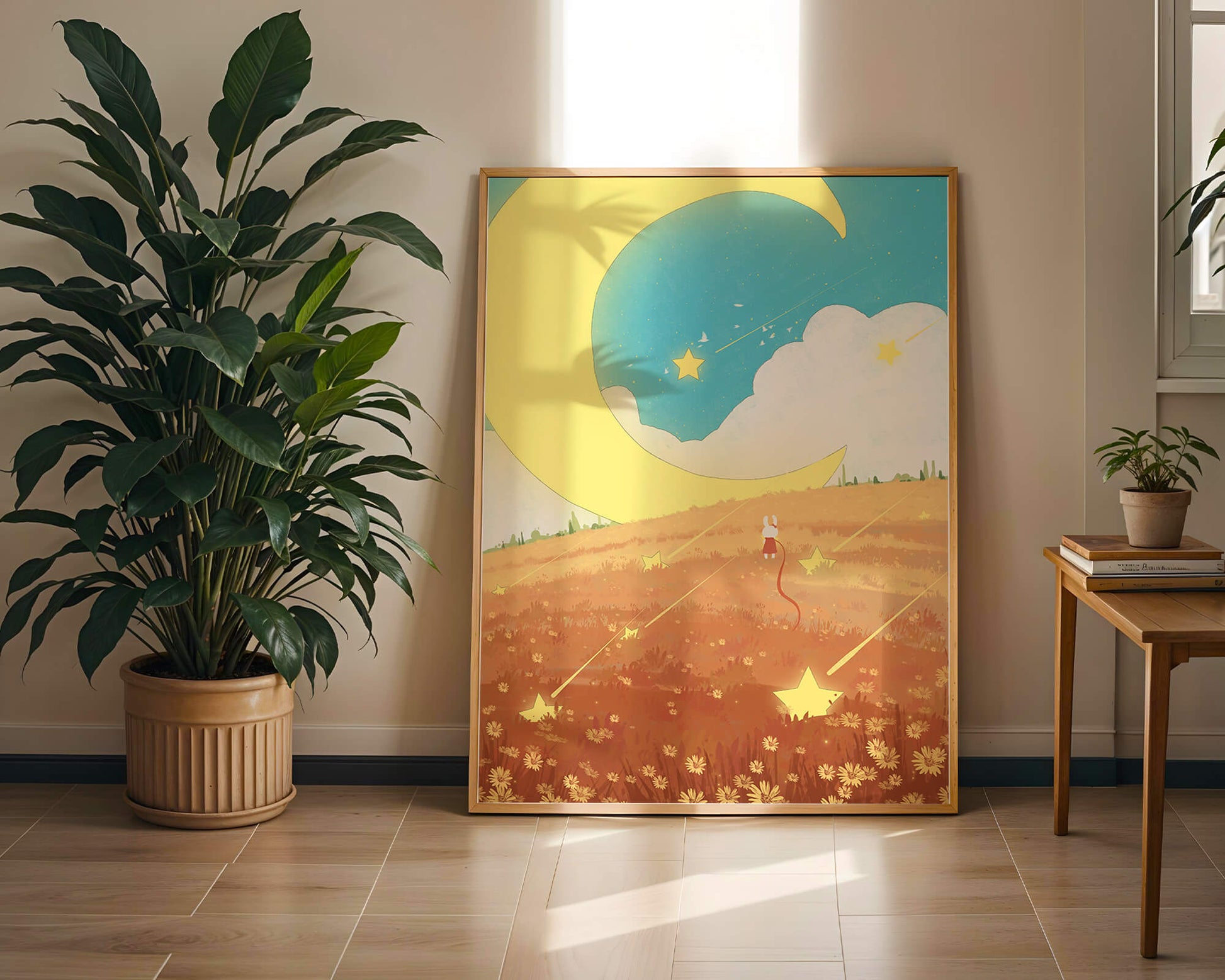 Dreamy Nighttime Landscape with Moon and Stars in a Field