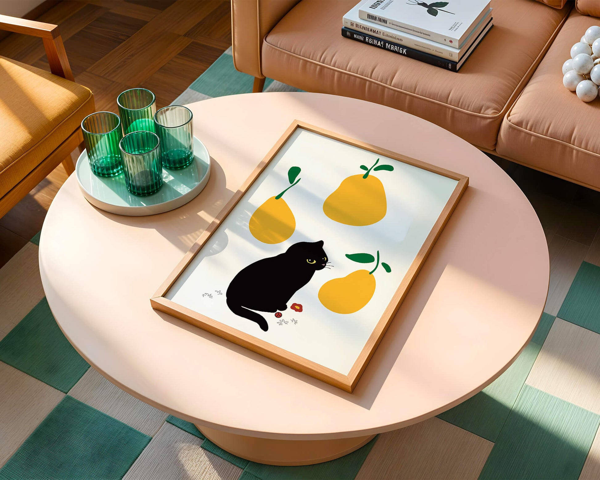 Ilustración de gato negro con peras amarillas y hojas verdes