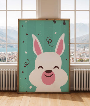 Adorable cartoon bunny on teal background with playful elements