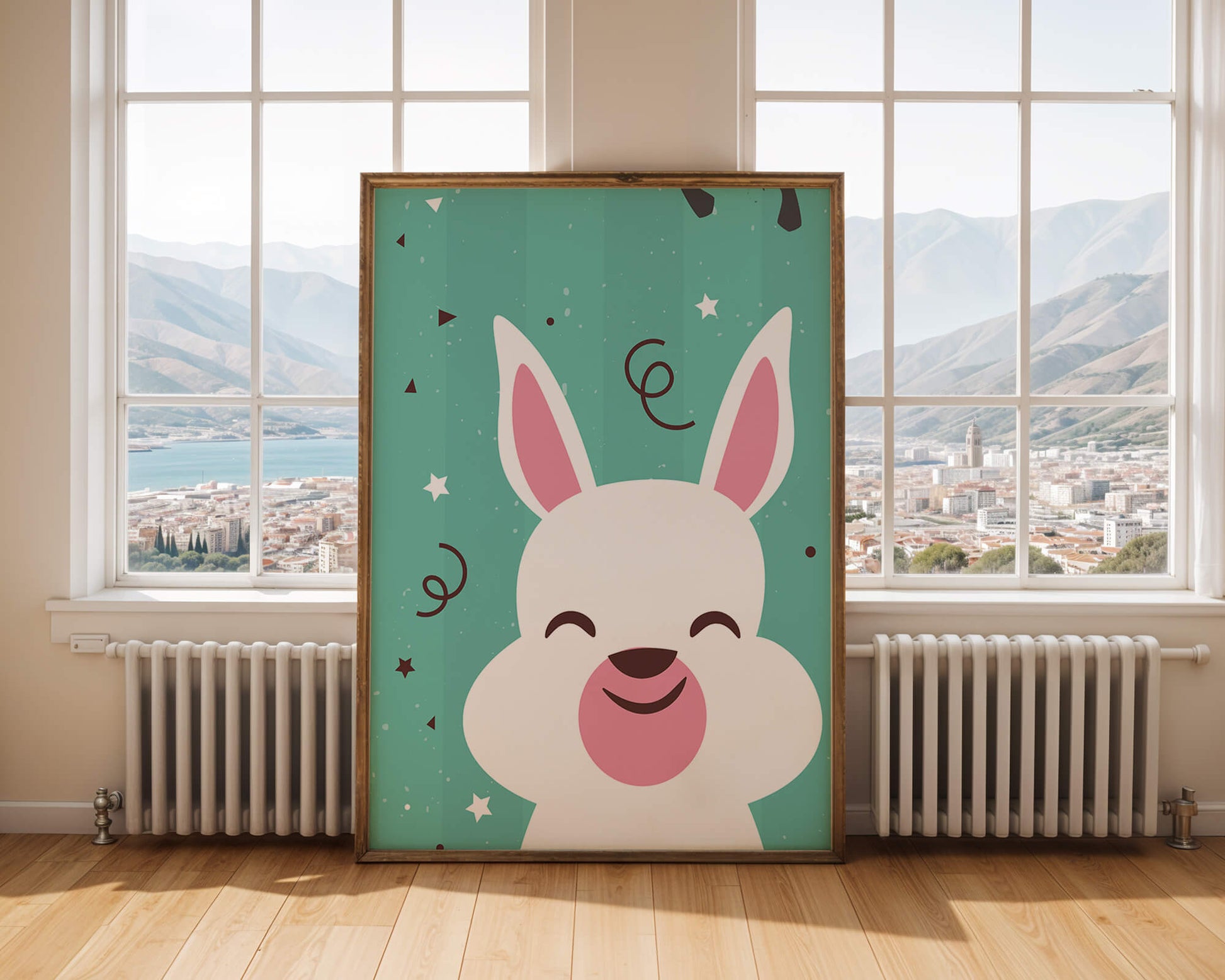 Adorable cartoon bunny on teal background with playful elements