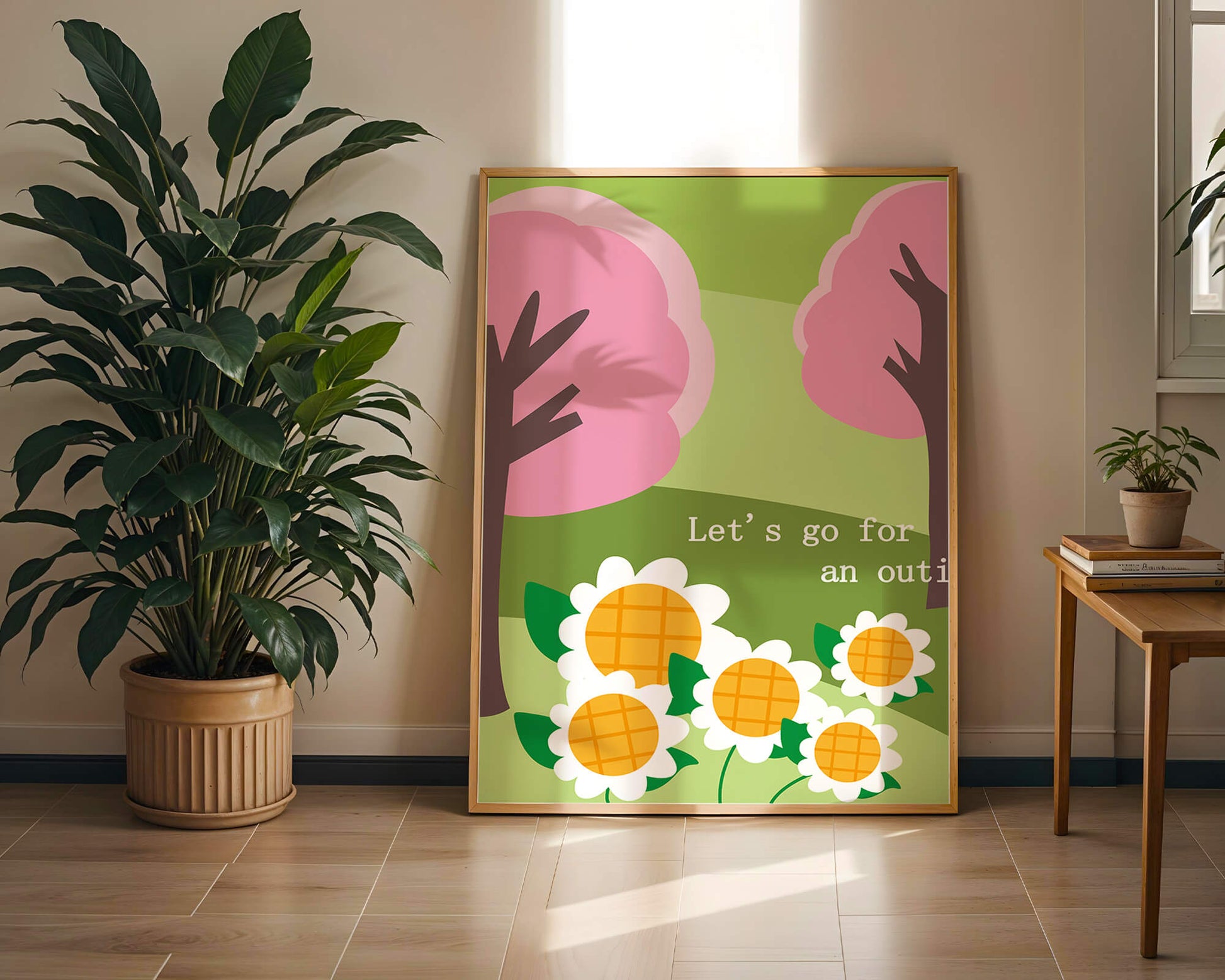 Charming spring landscape with pink trees and daisies