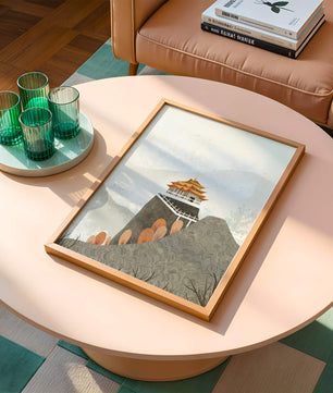 Serene mountain landscape with traditional Asian architecture
