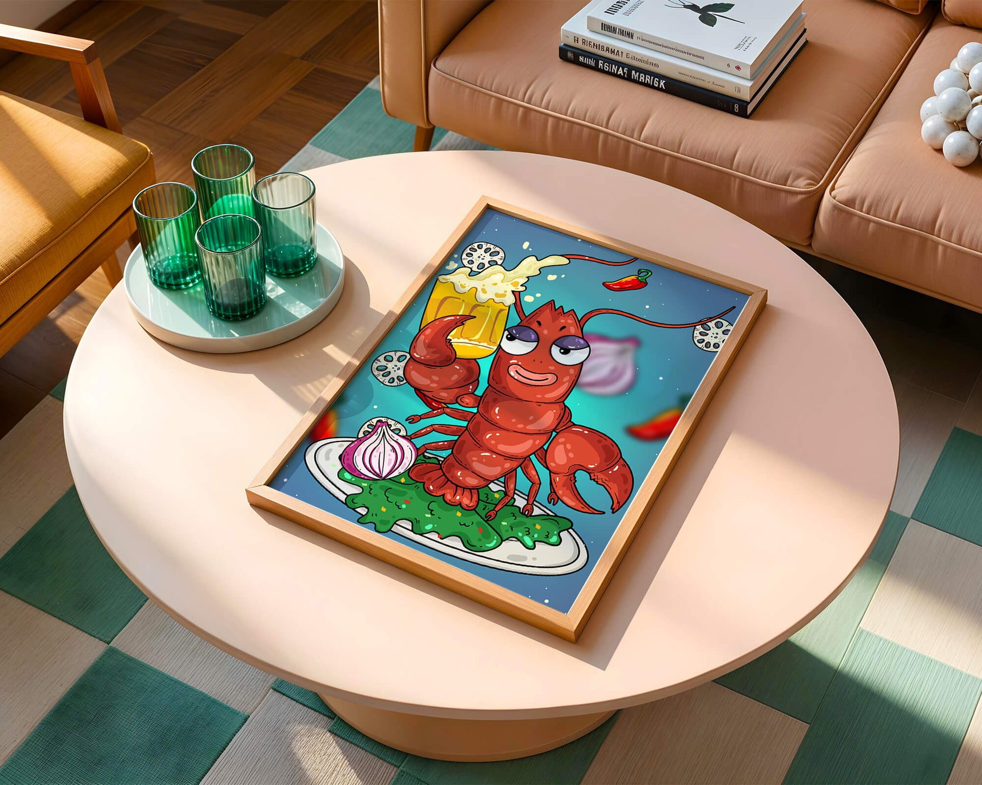 Playful cartoon lobster holding a beer in a whimsical setting