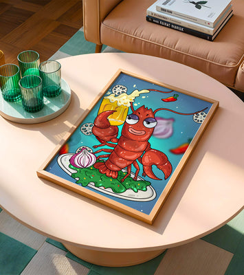 Playful cartoon lobster holding a beer in a whimsical setting
