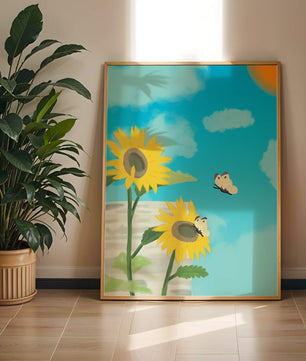 Sunflowers And Butterflies Under A Bright Blue Sky