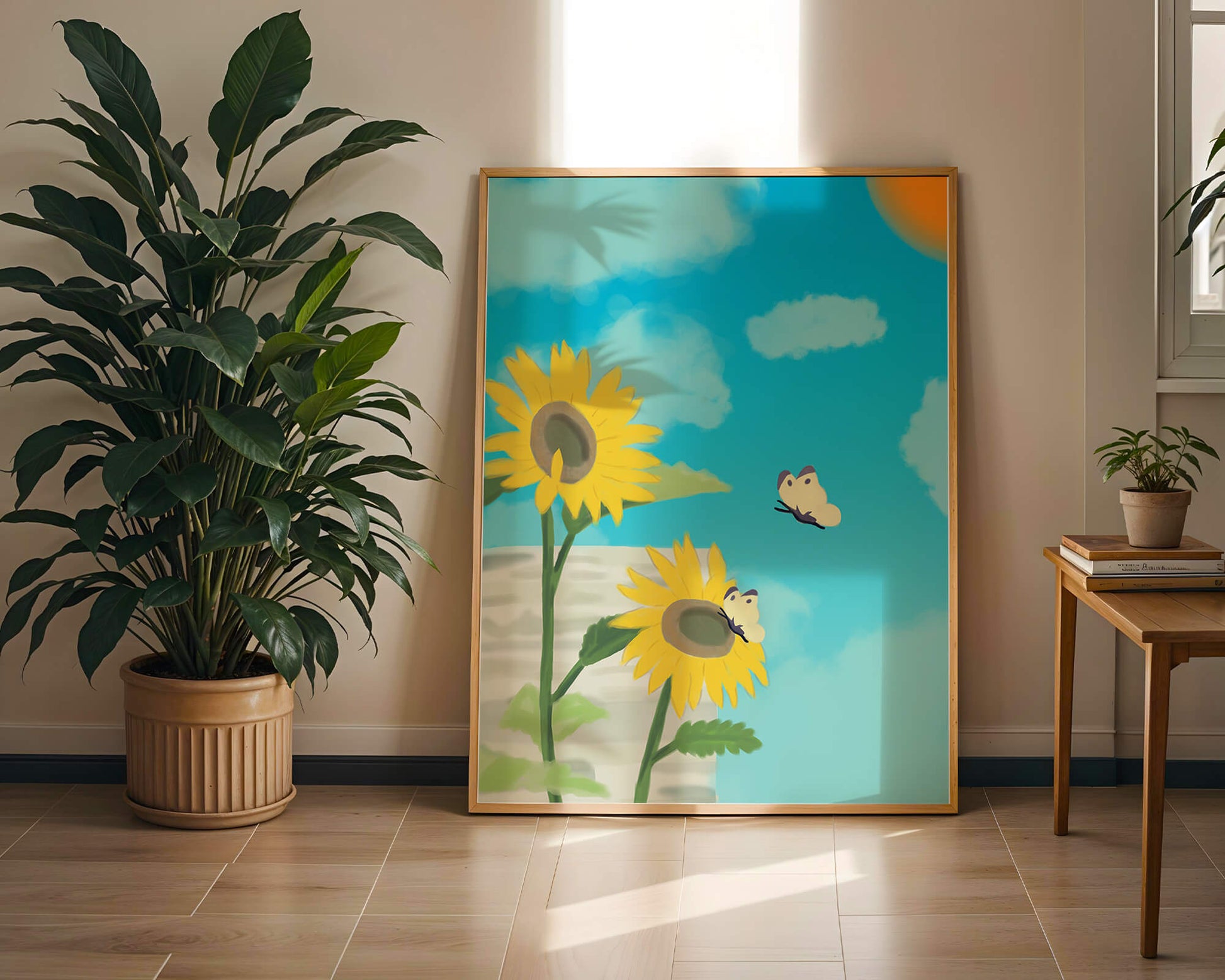 Sunflowers And Butterflies Under A Bright Blue Sky
