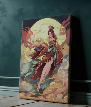 An enchanting depiction of a celestial figure with a mystical rabbit and vibrant attire