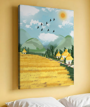 Sunny Countryside With Birds And Golden Fields