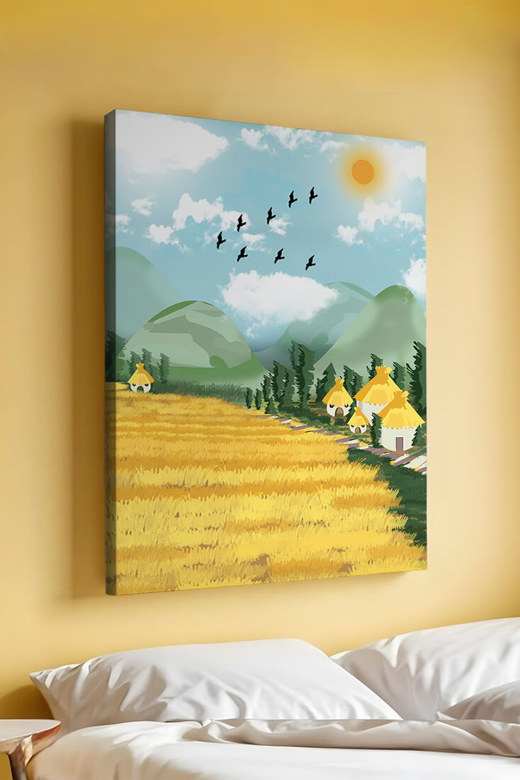 Sunny Countryside With Birds And Golden Fields