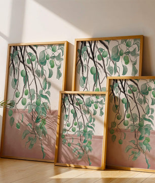 Branches With Green Apples And Leaves Over Pink Background