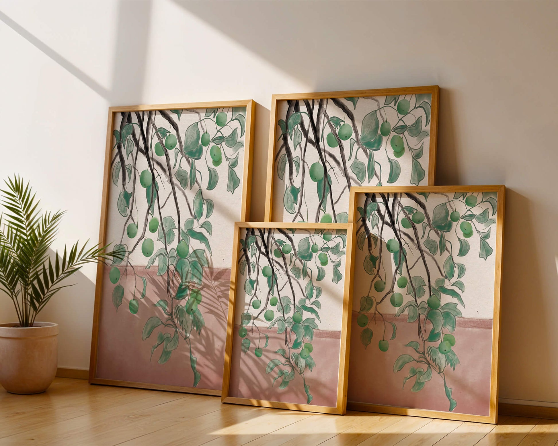 Branches With Green Apples And Leaves Over Pink Background