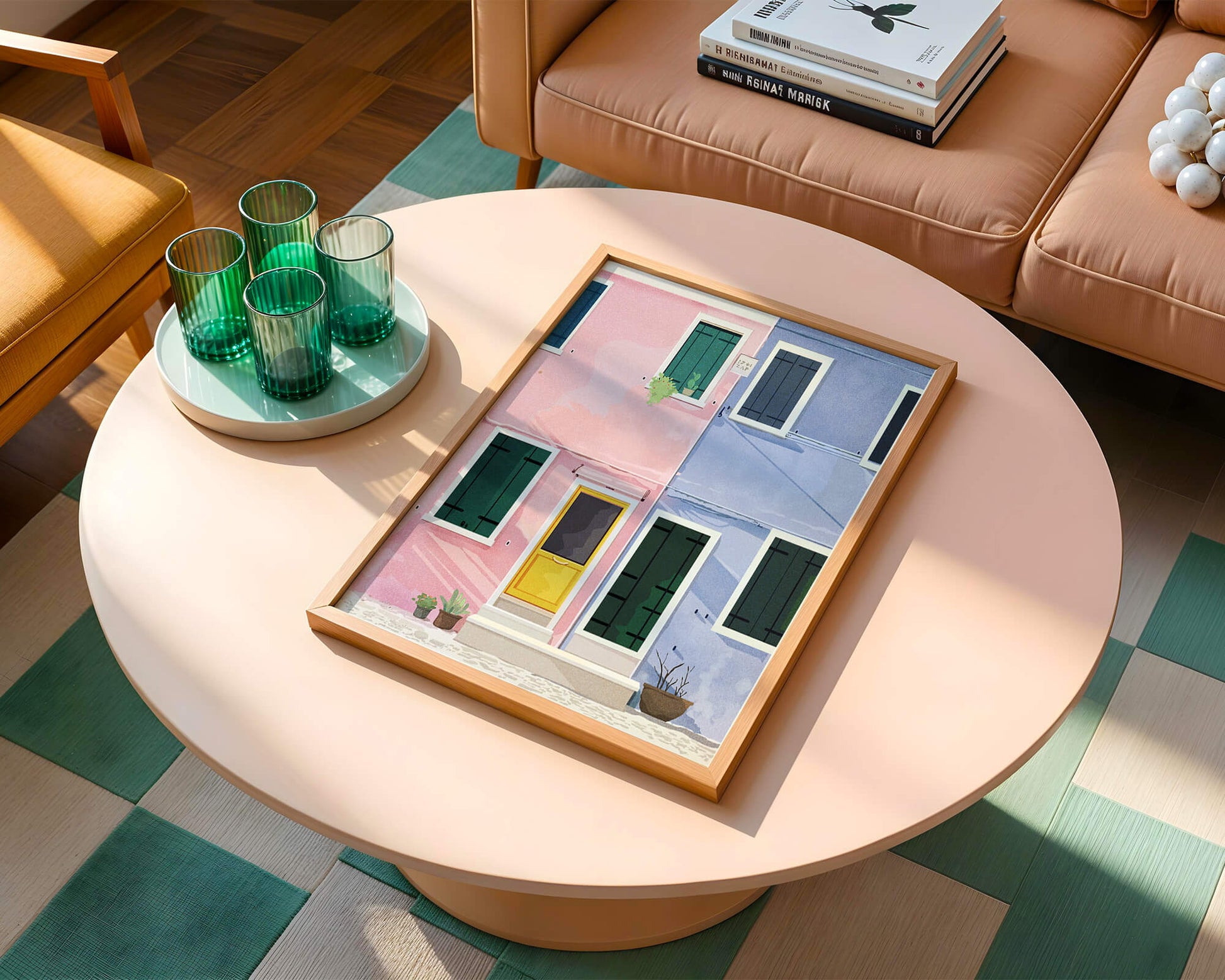 Charming pastel houses with colorful doors and windows