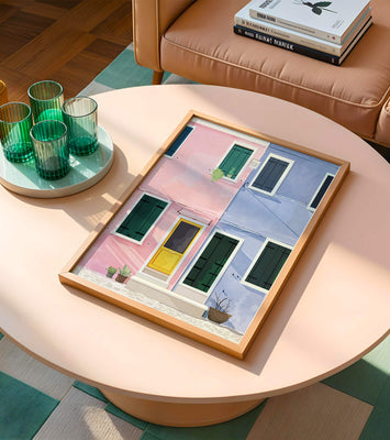 Charming pastel houses with colorful doors and windows