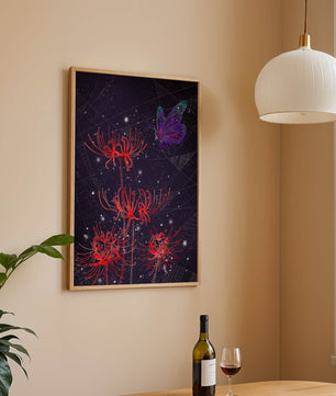 Vivid Night Sky with Red Spider Lilies and Purple Butterfly - Mi tienda