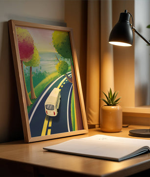 Scenic Road Trip with Vibrant Trees and Sunset