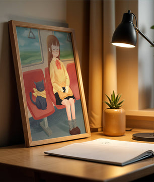 Viaje en tren tranquilo con una chica y su gato ilustrado