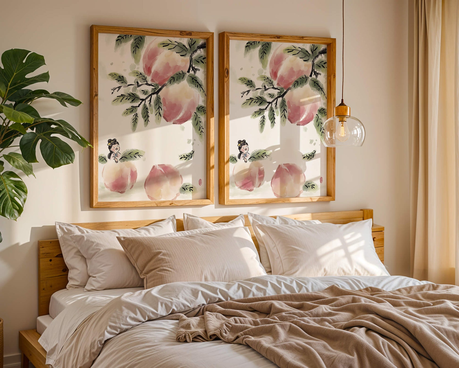 Encantadora ilustración de una chica entre flores de melocotón y hojas verdes