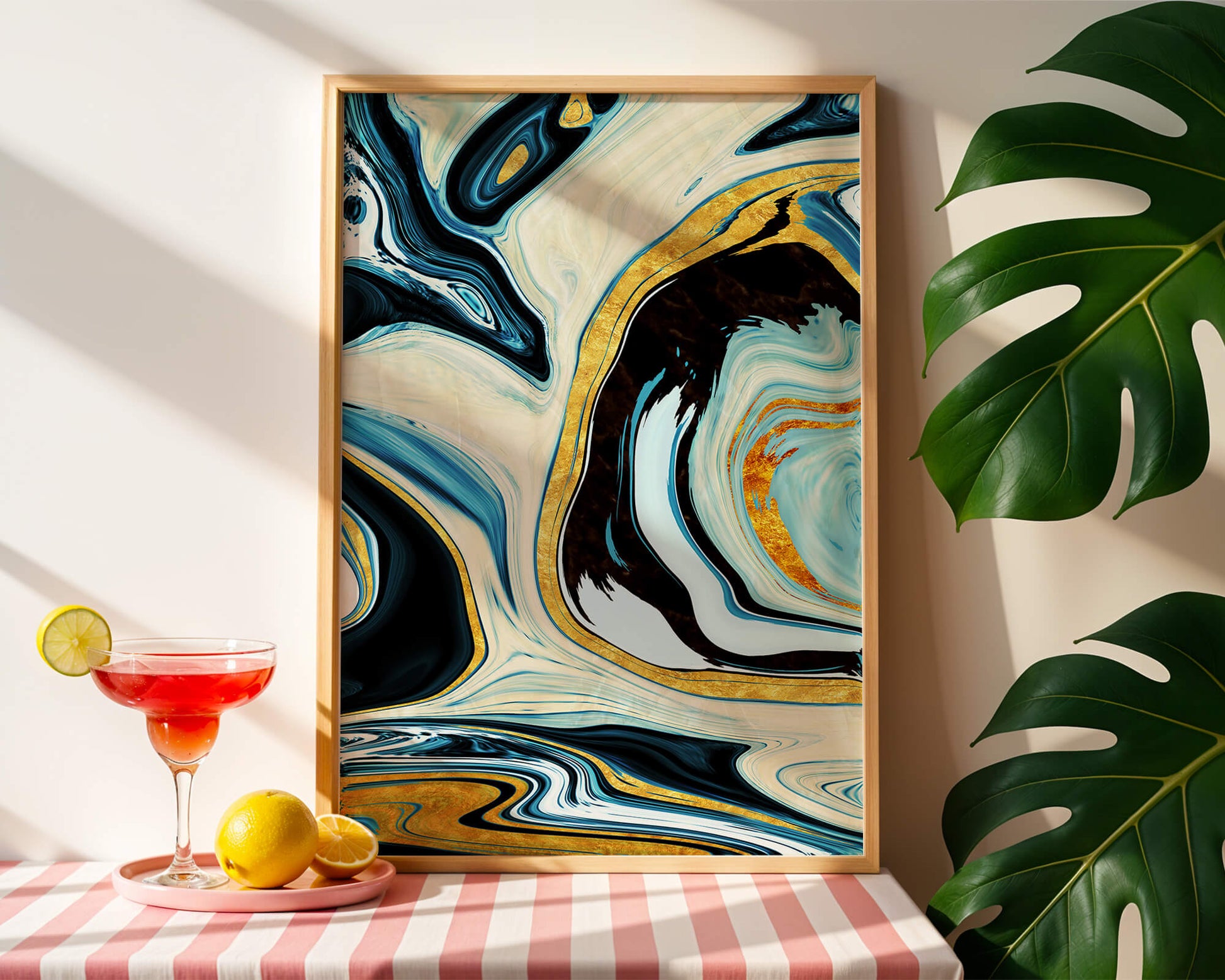 Abstract Marble Art with Gold Accents in Blue and Black Swirls