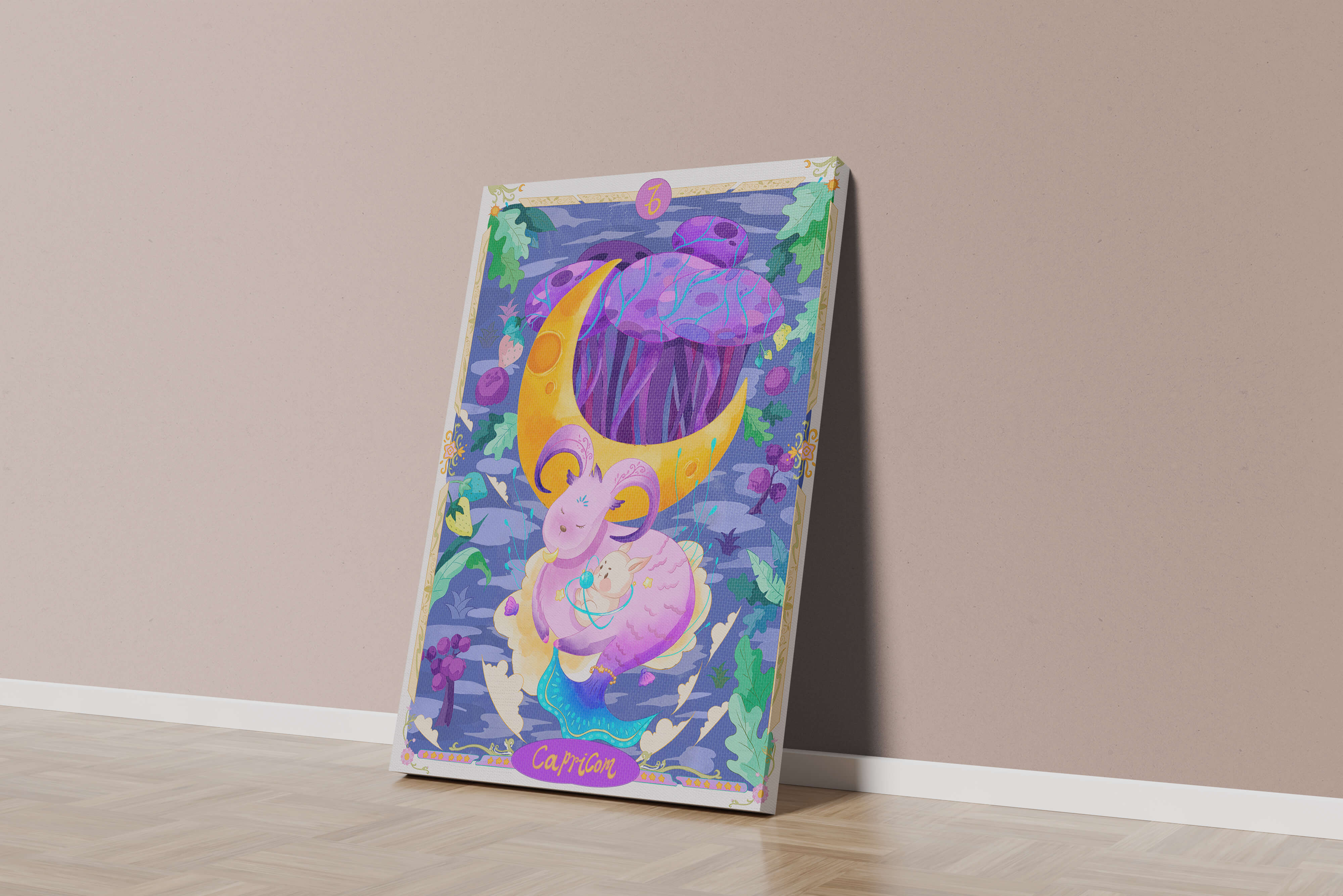 Colorful Capricorn zodiac illustration with fantasy elements