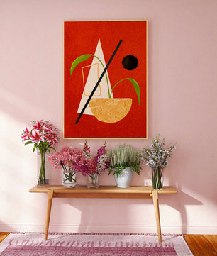 Abstract Geometric Art with Greenery on Red Background - Mi tienda