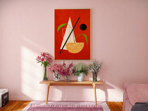 Abstract Geometric Art with Greenery on Red Background - Mi tienda