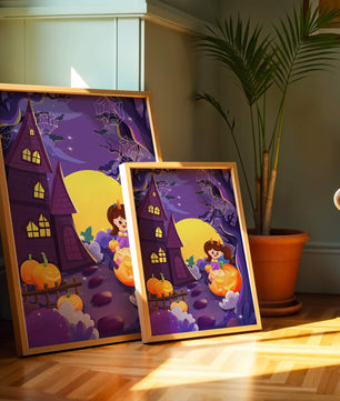 Charming Halloween scene with a girl on a pumpkin near a haunted house