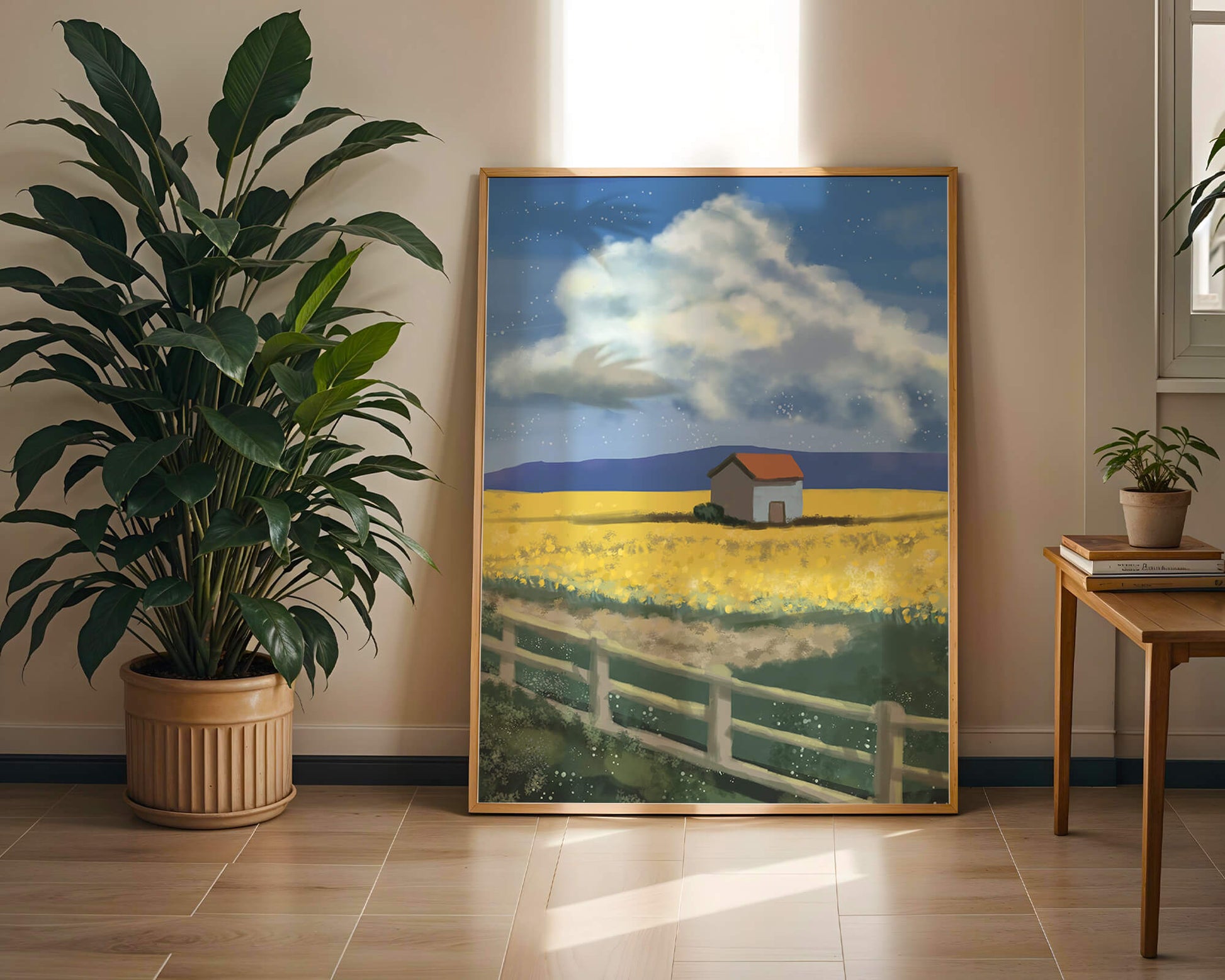 Idyllic rural scene with house and yellow field under blue sky