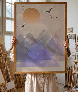 Abstract Mountain Landscape with Geometric Elements and Soaring Birds