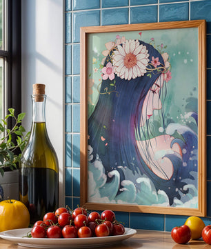 Illustration of a serene woman with floral crown and ocean waves