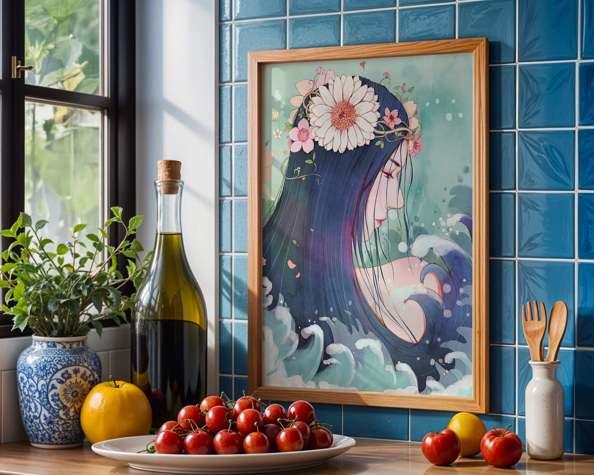 Illustration of a serene woman with floral crown and ocean waves