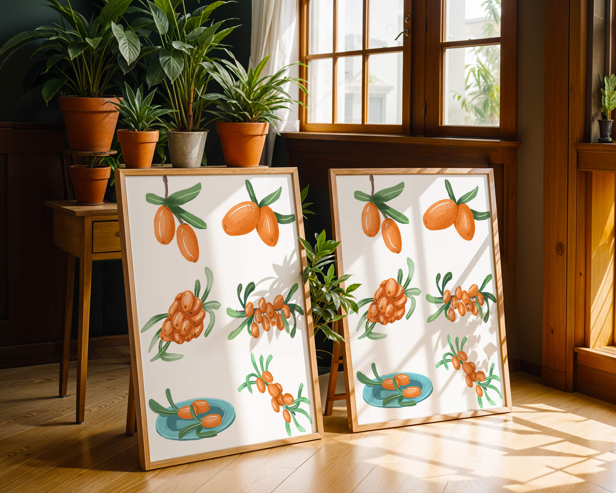 Illustrations of seabuckthorn berries with green leaves