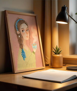 Illustration d'une fille avec un bandeau tenant une tasse fumante