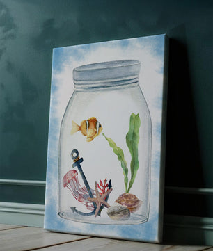 Watercolor illustration of marine life in a jar with a clownfish