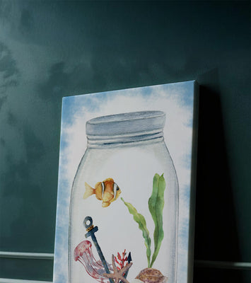 Watercolor illustration of marine life in a jar with a clownfish